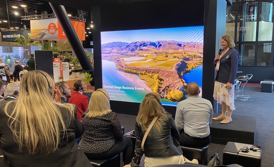  Tourism Central Otago Destination Coordinator Jenny Worth presenting at MEETINGS, the Business Events Industry Aotearoa tradeshow, which is on this week in Wellington’s new convention centre, Tākina.